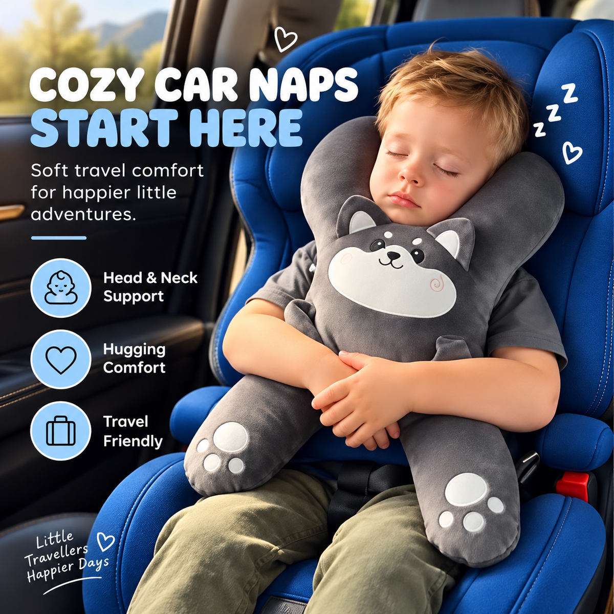 🧸 Kids Car Sleep Buddy – Full-Body Travel Pillow for Cozy Road-Trip Naps