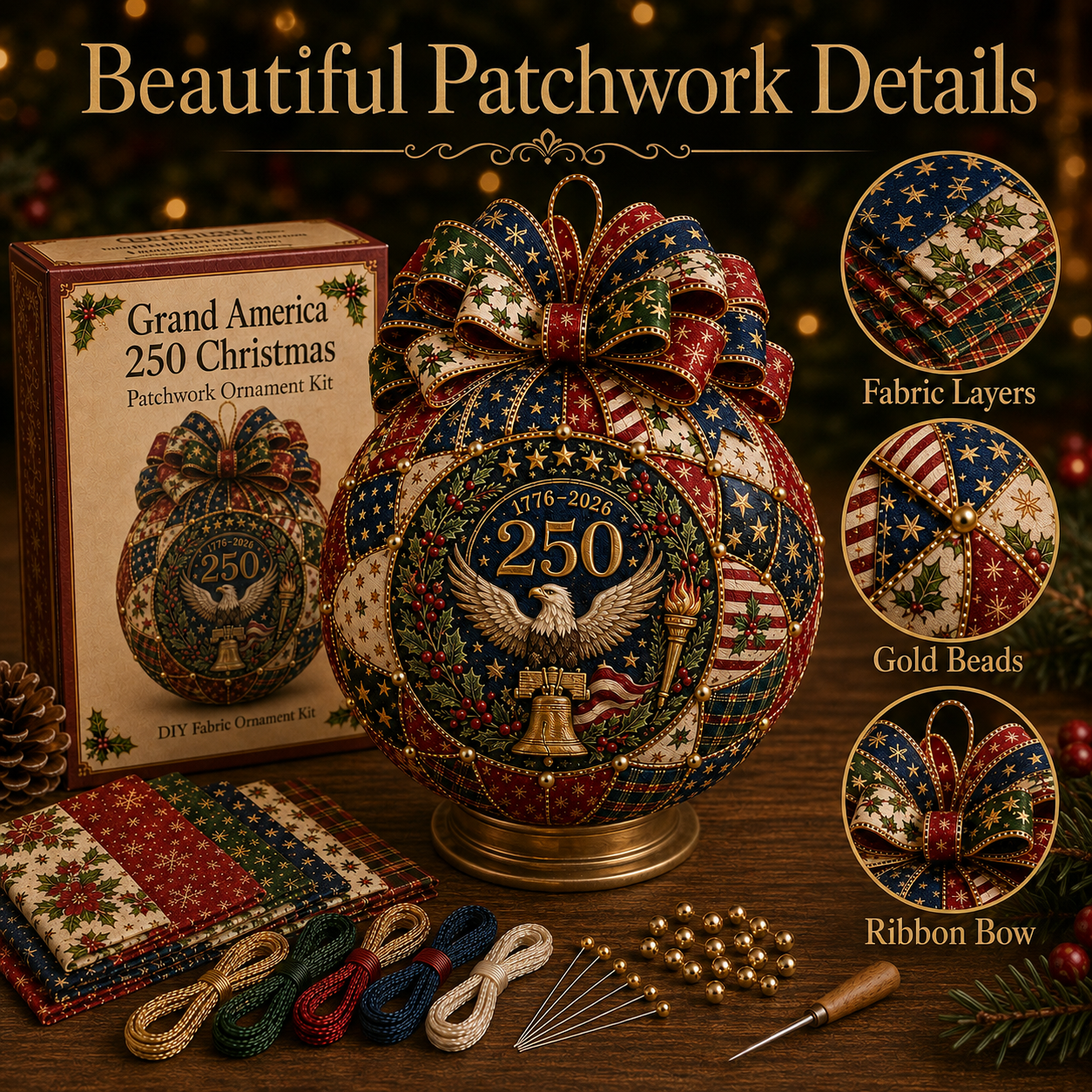 🇺🇸❤️Beginner-Friendly🎄 USA 250th Anniversary Christmas Patchwork Ornament DIY Kit