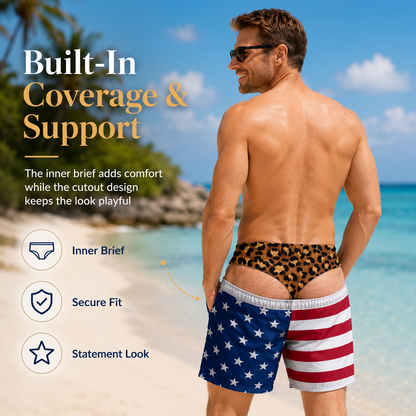 Funny Patriotic Men's Swim Trunks – Personalized "Warning: Wide Load" Beach Shorts