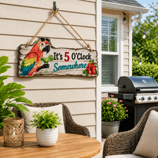 It's 5 O'Clock Somewhere Parrot wall art – Tropical Patio Wall Deco