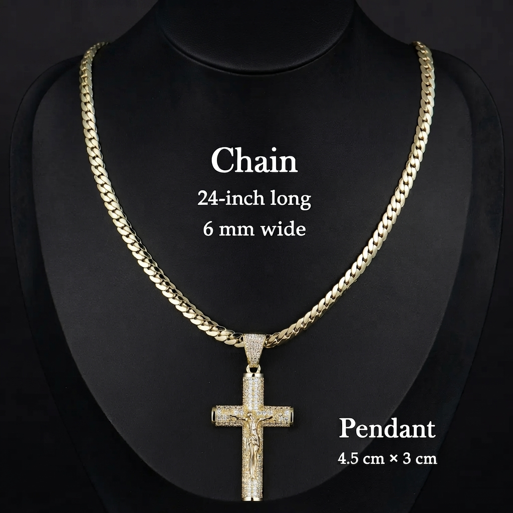 ✨ Gold-Plated Cuban Figaro Cross Necklace – 24" Miami Crucifix, Handcrafted Polished, Perfect Father's Day Gift