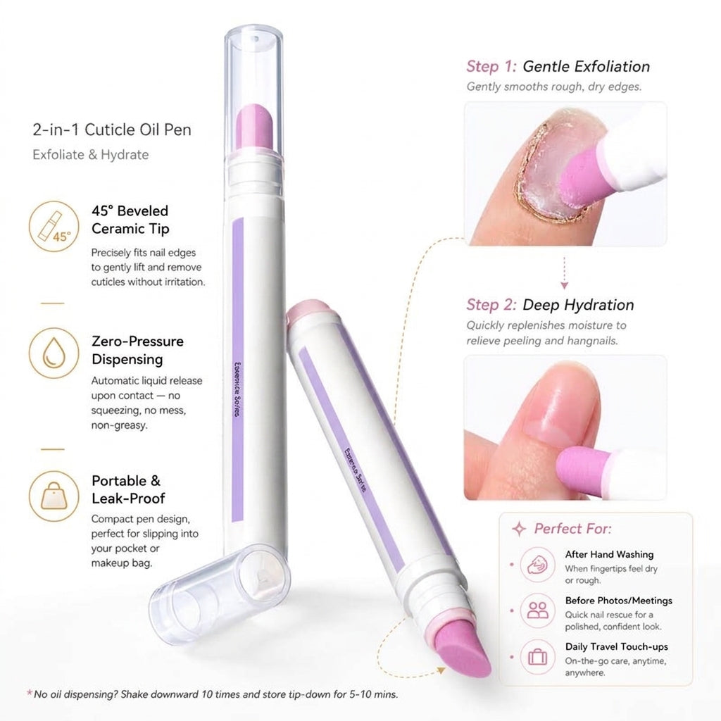 🖊️2-in-1 Cuticle Remover Pen, 45° Ceramic Tip for Dry Cuticles & Hangnails, Hydrating Nail Care, Easy Dispensing, Portable 2-Pack for Travel