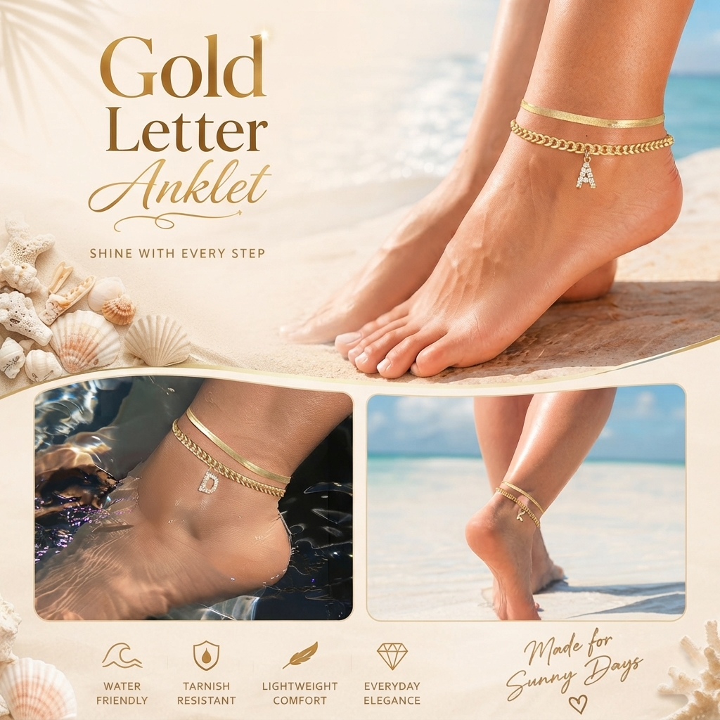 ✨ Gold Initial Anklet – 14K Gold Plated, Waterproof Adjustable Letter Pendant, Stackable Beach Jewelry