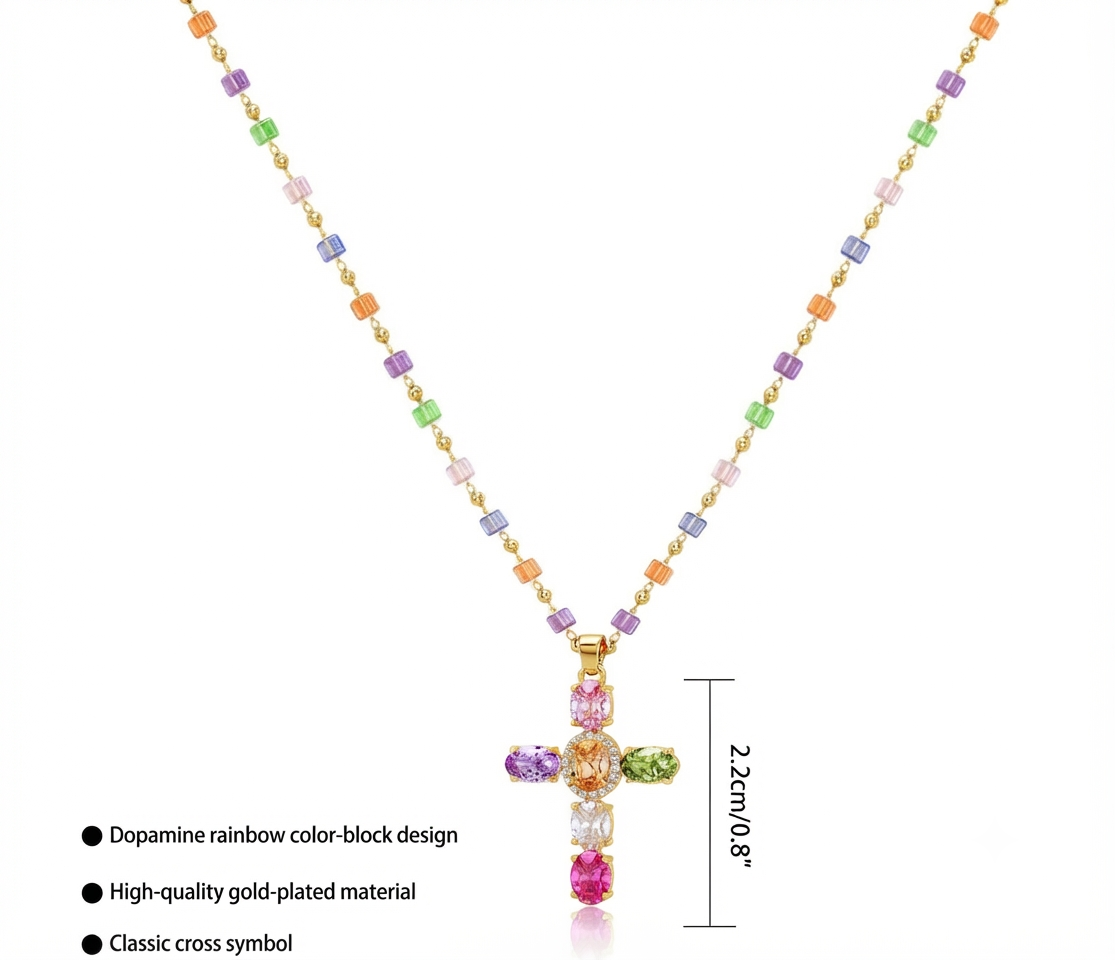 Multicolor Cubic Zirconia Cross Pendant Necklace