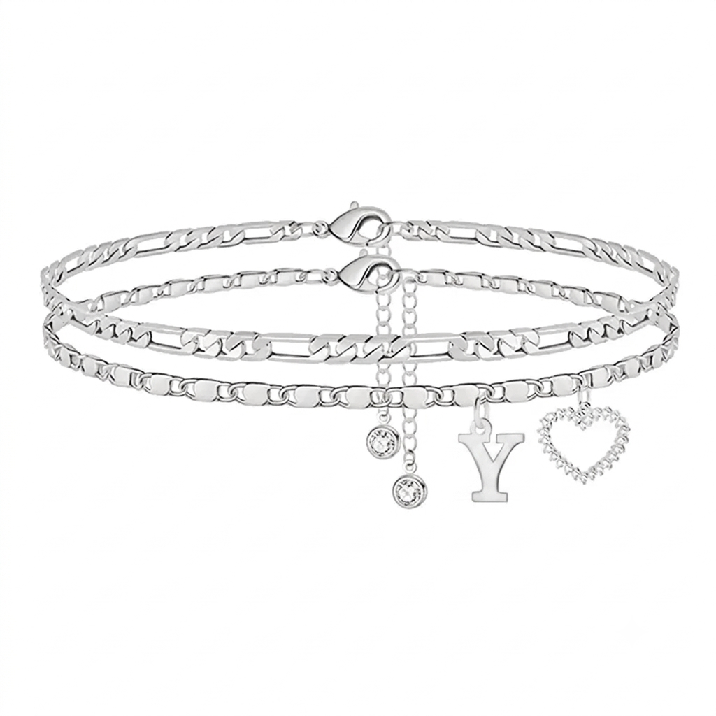 🎁 14k-Gold Plated-Double-Layer 26-Letter-Tone Chain Heart-Shaped Anklet with a heart-shaped pendant