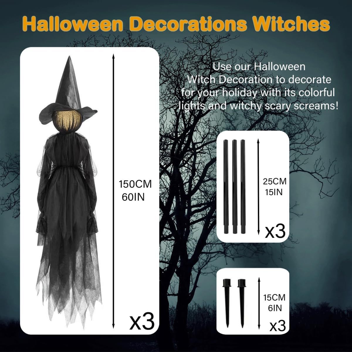 🧙 3 Pack Voice Control Light-Up Holding Hands Witch Decor