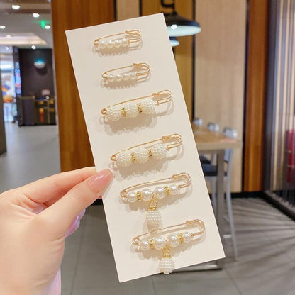 🔥6-Piece Pearl Brooch Pin Set - Decorative Mixed-Style Fasteners for Cardigans & Dresses