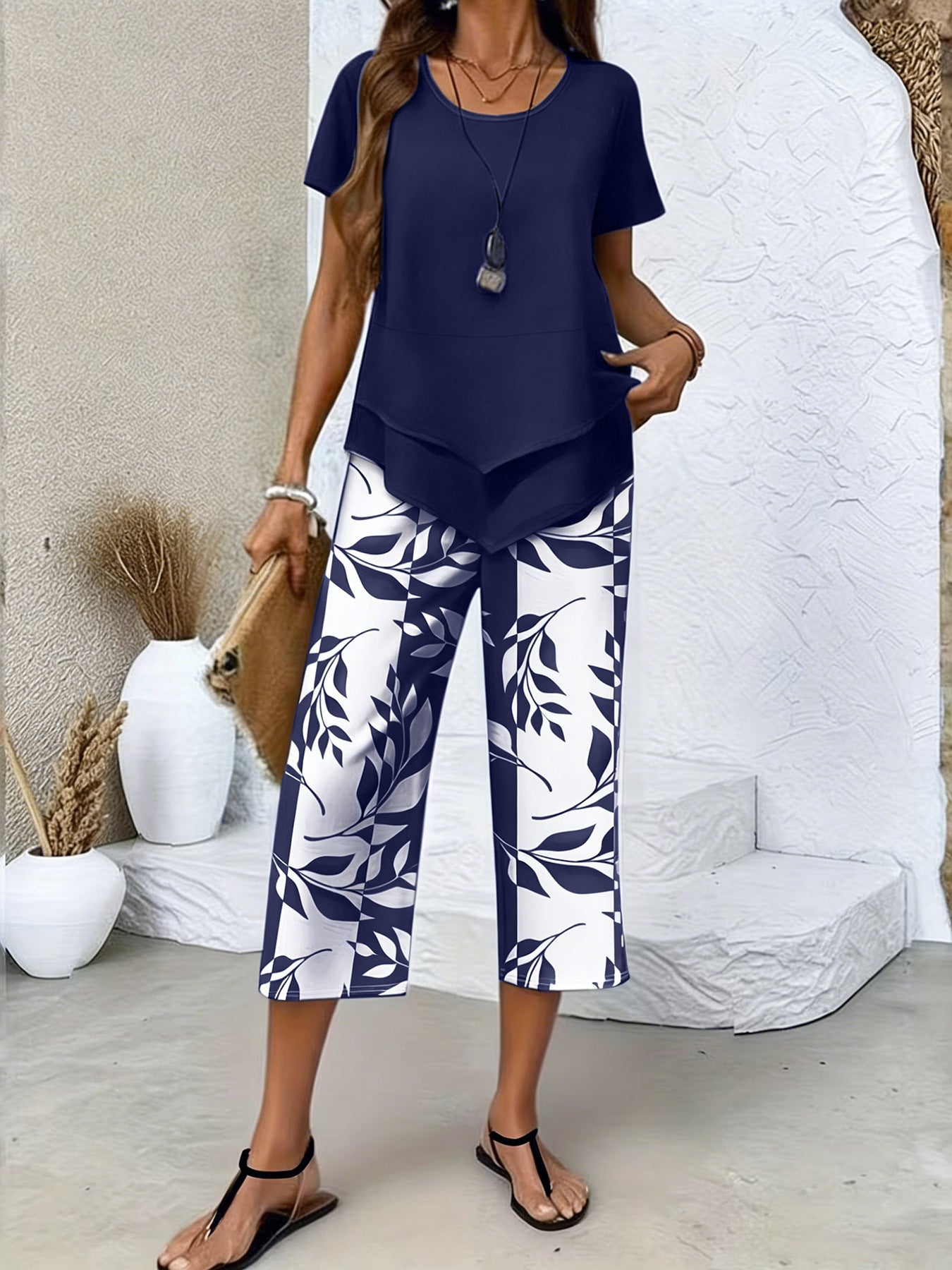 ⏳Limited-time 49% off⏰Casual Round Neck Layered Tunic Top & Wide Leg Pants Set👚👖