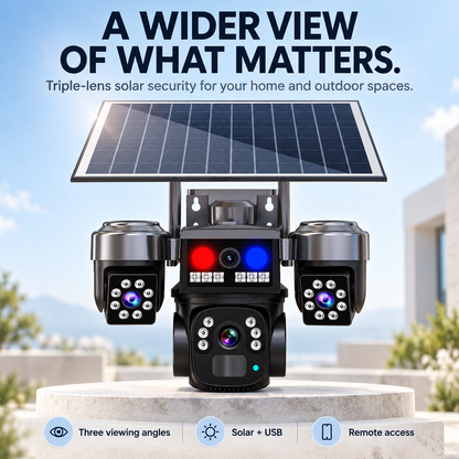🛡️ 9MP Triple Lens Solar Security Camera - Wireless WiFi & Color Night Vision