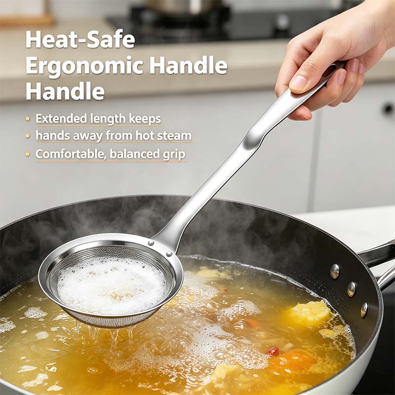 Extended stainless steel skimmer handle above hot soup