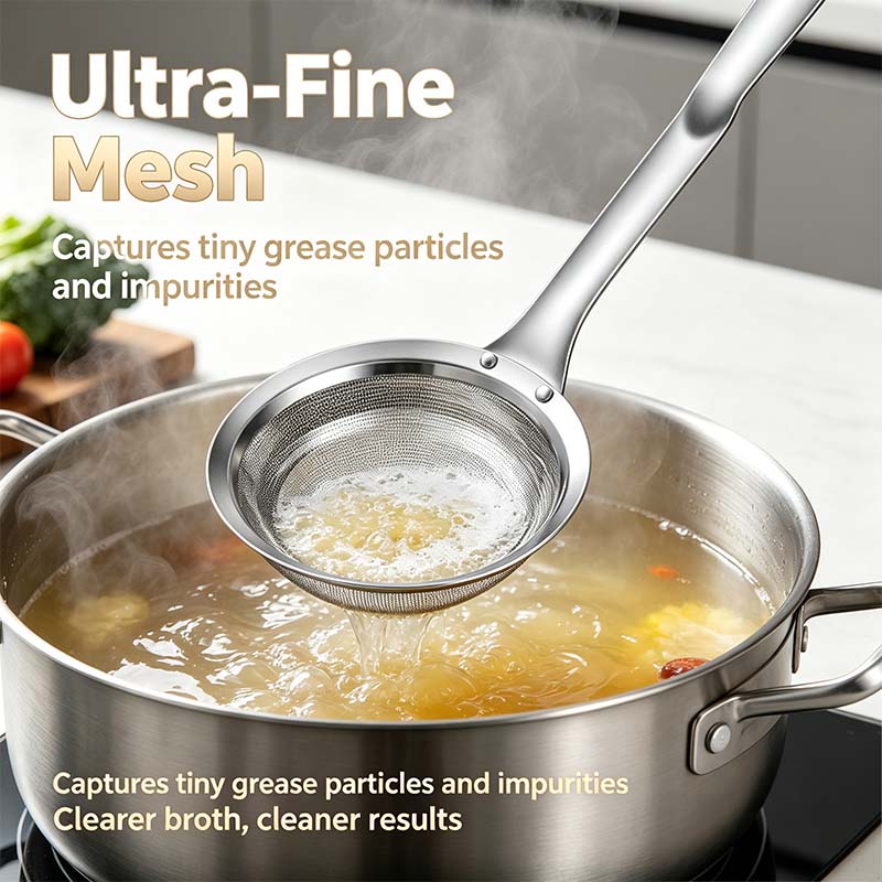 Ultra fine mesh skimmer lifting foam and grease from broth