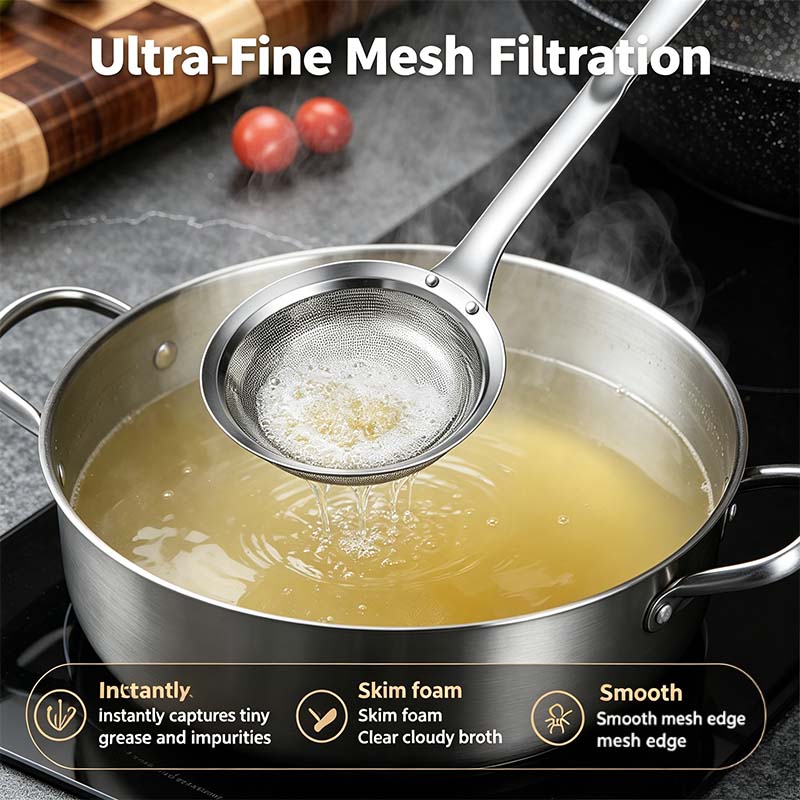 Fine mesh skimmer removing foam from broth