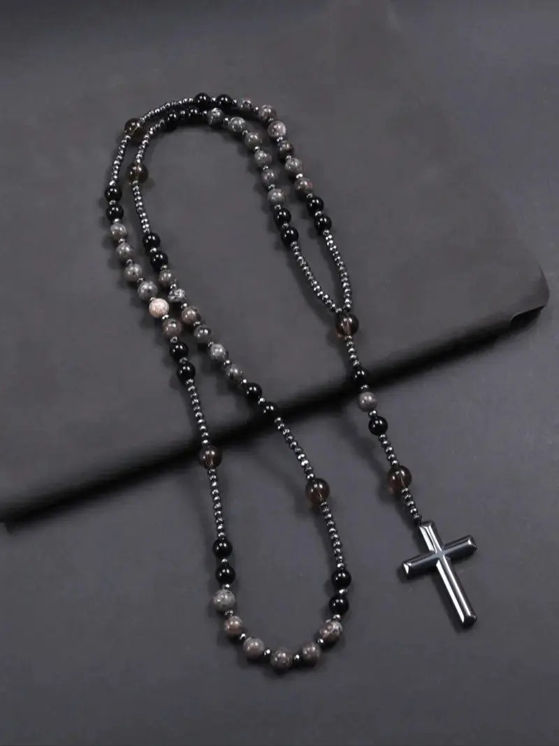 Natural Obsidian & Yooperlite Cross Rosary Necklace