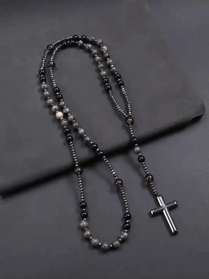 Natural Obsidian & Yooperlite Cross Rosary Necklace