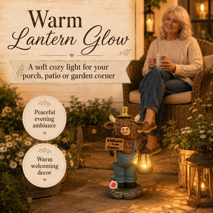 Handcrafted Solar-Powered Scottish Highland Bull Garden Welcome Light