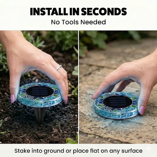 Solar Disk Lights – Handcrafted Mosaic Outdoor LED Waterproof In-Ground & Tabletop Wireless Lighting