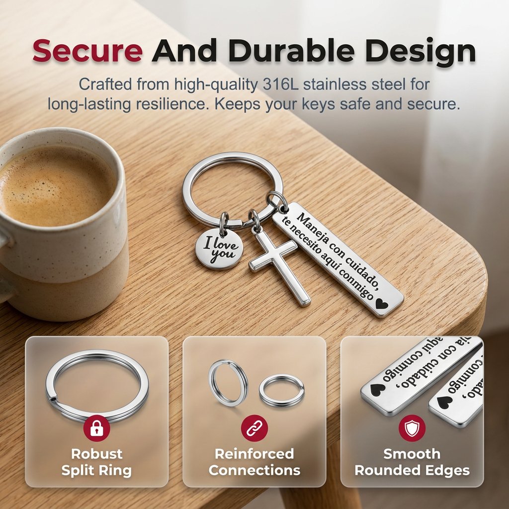 Keychain with Cross and "I Love You" Charm – Stainless Steel "Drive Safely" Ring (Spanish Inscription)