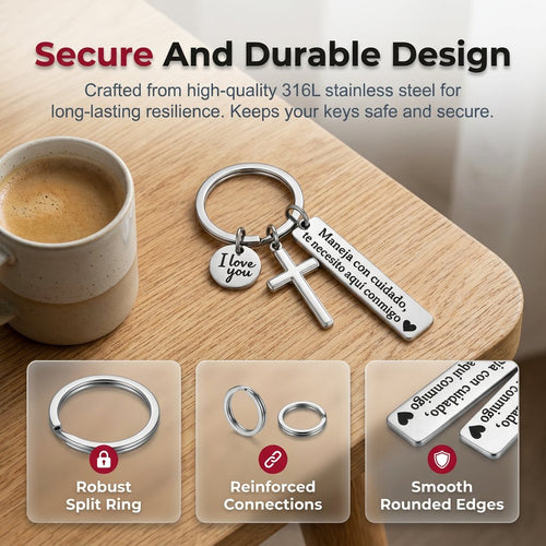 Keychain with Cross and "I Love You" Charm – Stainless Steel "Drive Safely" Ring (Spanish Inscription)