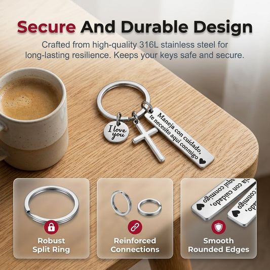 Keychain with Cross and "I Love You" Charm – Stainless Steel "Drive Safely" Ring (Spanish Inscription)