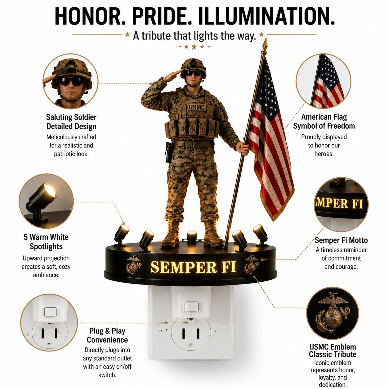 🎖 USMC Semper Fi Saluting Soldier Statue Lamp