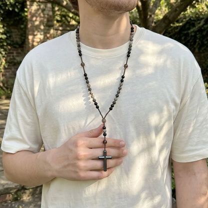 Natural Obsidian & Yooperlite Cross Rosary Necklace