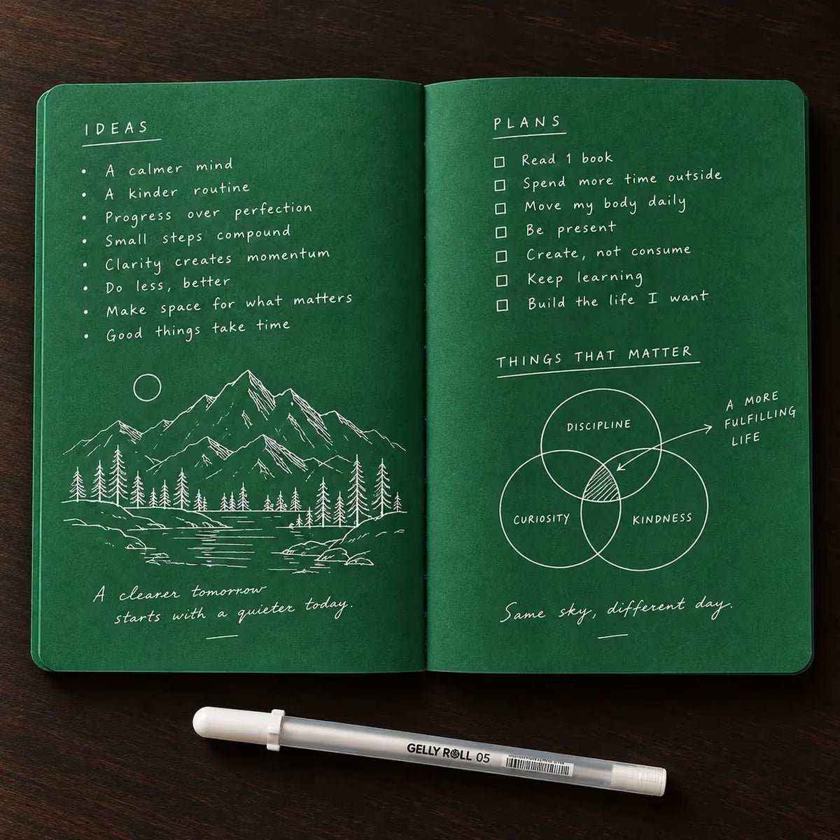 💚 Deep Green Blank Notebook with White Gel Pen | Aesthetic Writing & Sketch Journal