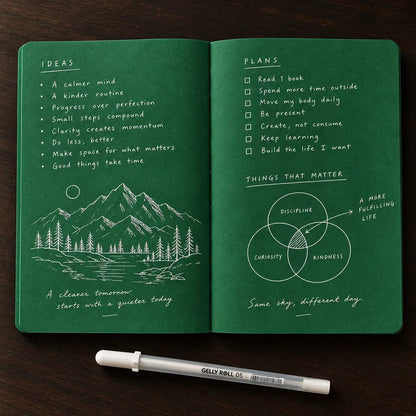 💚 Deep Green Blank Notebook with White Gel Pen | Aesthetic Writing & Sketch Journal