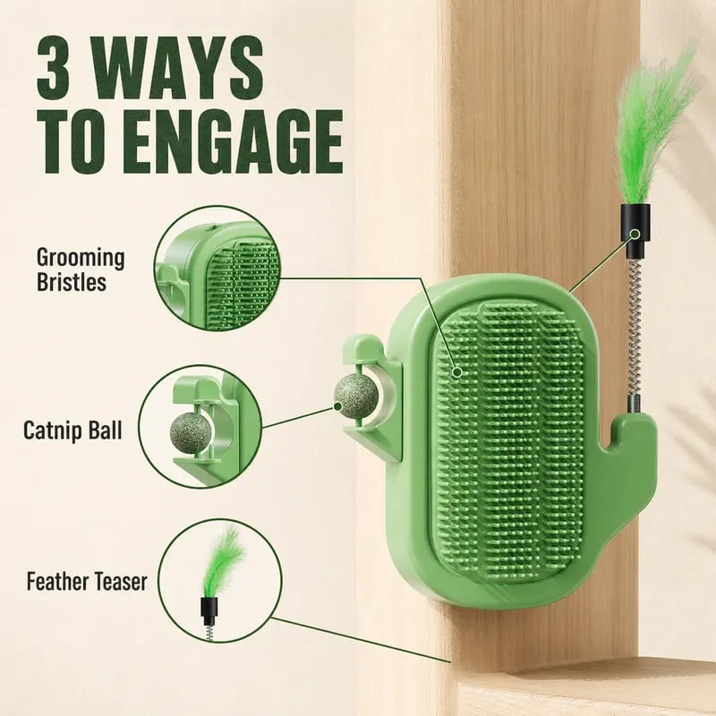 3-in-1 Cat Corner Groomer – Scratcher, Massage Brush & Catnip Toy
