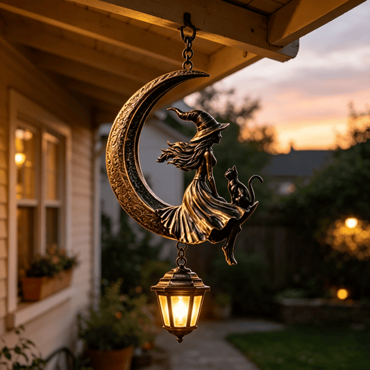 Solar Hanging Witch on the Moon Lantern — Vintage Bronze Gothic Witch and Black Cat Garden Decor, Outdoor Solar Powered Waterproof Decorative Light for Patio, Yard, Porch, Halloween Decoration