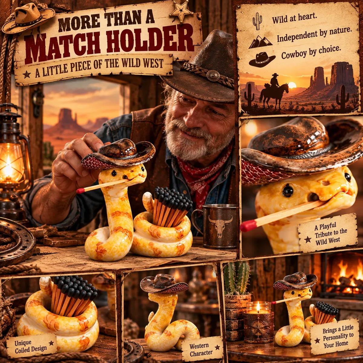 🤠 The Cowboy Rattler™ Match Holder | Funny Western Snake Décor for Cabins, Mantels & Bars 🐍