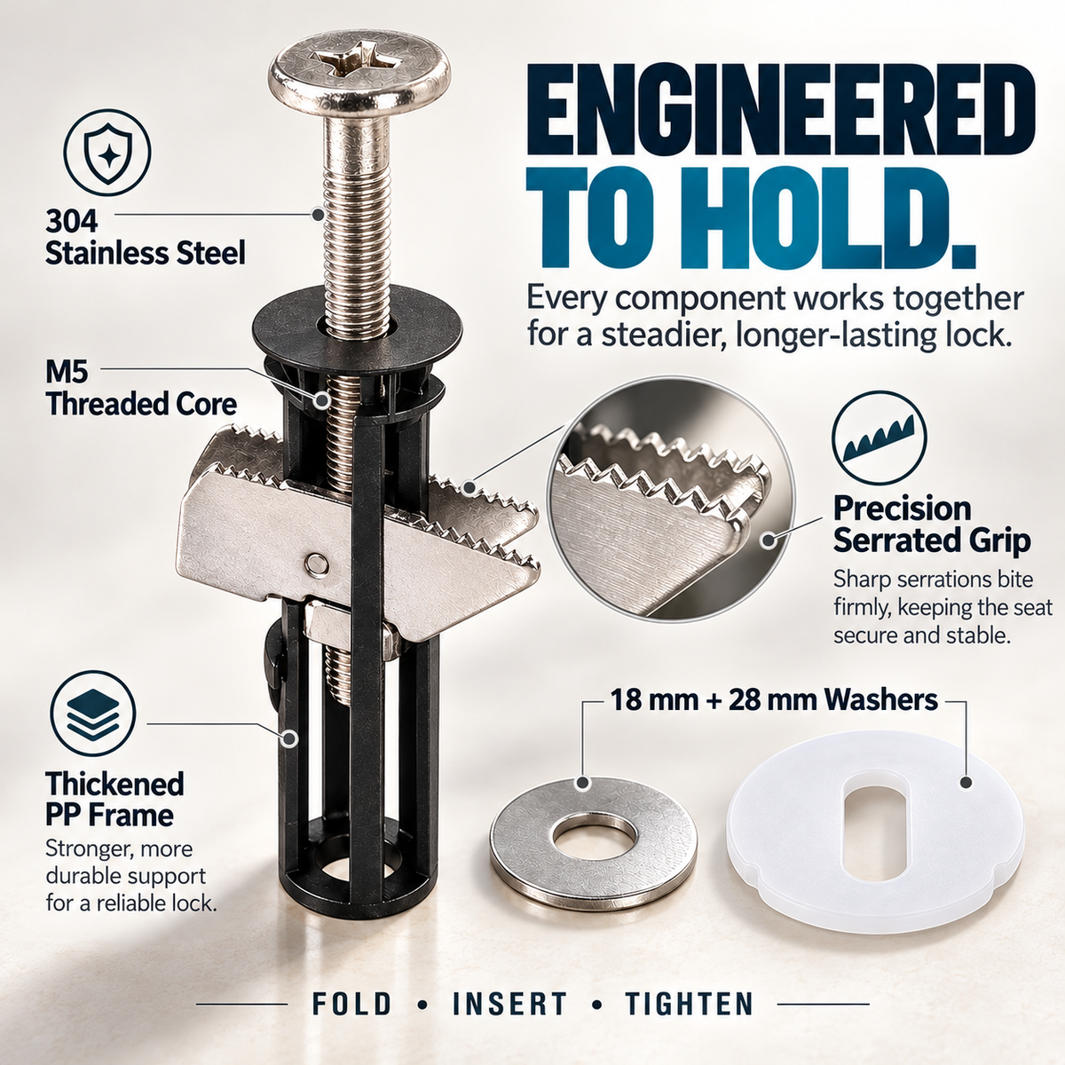 🔒 Universal Locking Toilet Seat Fixing Bolt – 304 Stainless Steel Quick-Lock Kit with 2 Washers