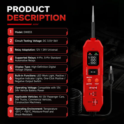 🔧Automotive Circuit & Relay Tester,12V/24V Vehicle Electrical Diagnostic Probe for Auto Repair