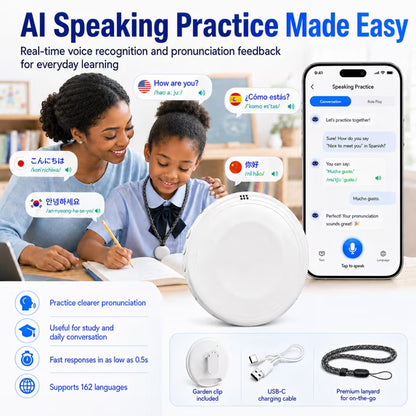 Portable Wireless Bluetooth AI Language Translator Pen - Hands-Free Spanish & English Practice Companion, 162-Language Support, Accent Adaptation for Restaurant Scenarios, Electronic Learning Smart Tutor