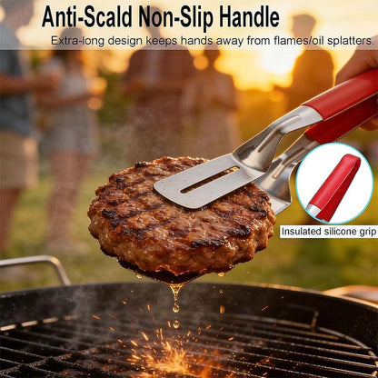 🔥3-in-1 Stainless Steel Kitchen Tongs, BBQ Grill Tongs with Flipper & Turner