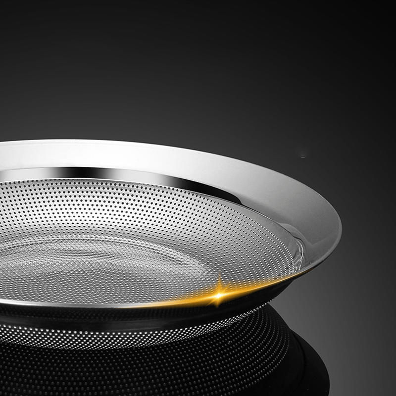 Close-up of fine stainless steel mesh and smooth rim