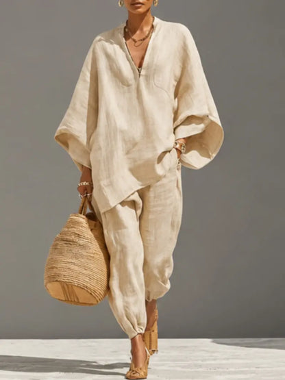 Women's Summer Loose Fit Solid Linen Deep V Neck Batwing Sleeve Pants Set
