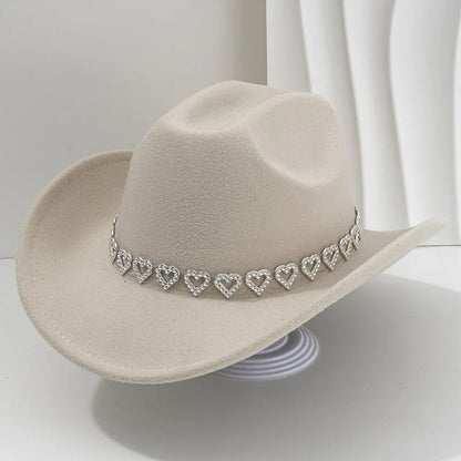 Women's Rhinestone Heart Cowboy Hat Elegant French Jazz Fedora