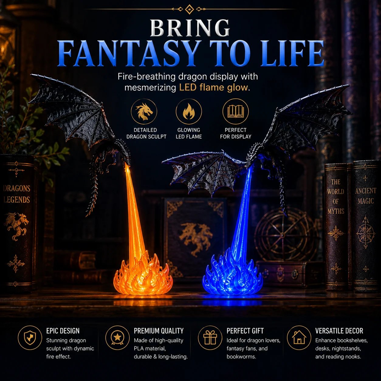 🐉🔥 3D Fire‑Breathing Dragon LED Light | Glowing Fantasy Bookshelf Decor