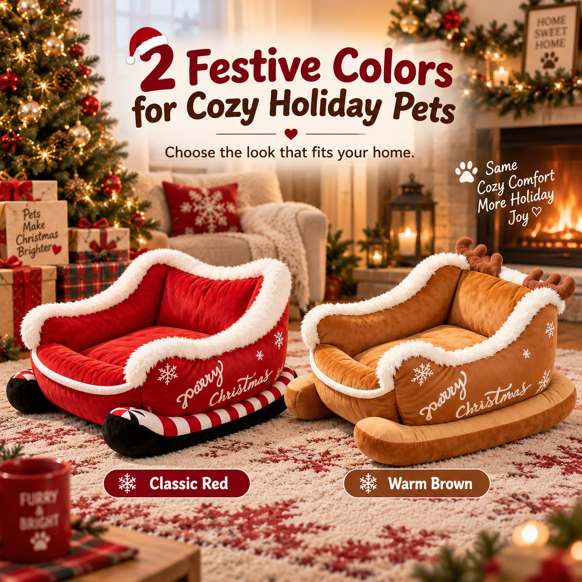 🎄Their Own Christmas Sleigh – Cozy Plush Pet Bed for Dogs & Cats