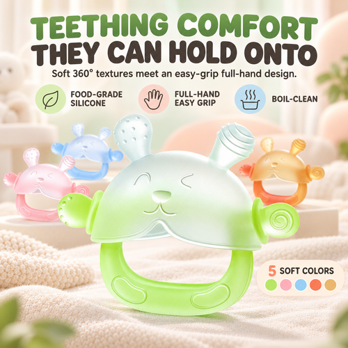 🐰 360° Food-Grade Silicone Bunny Teether – Full-Hand Easy-Grip Design