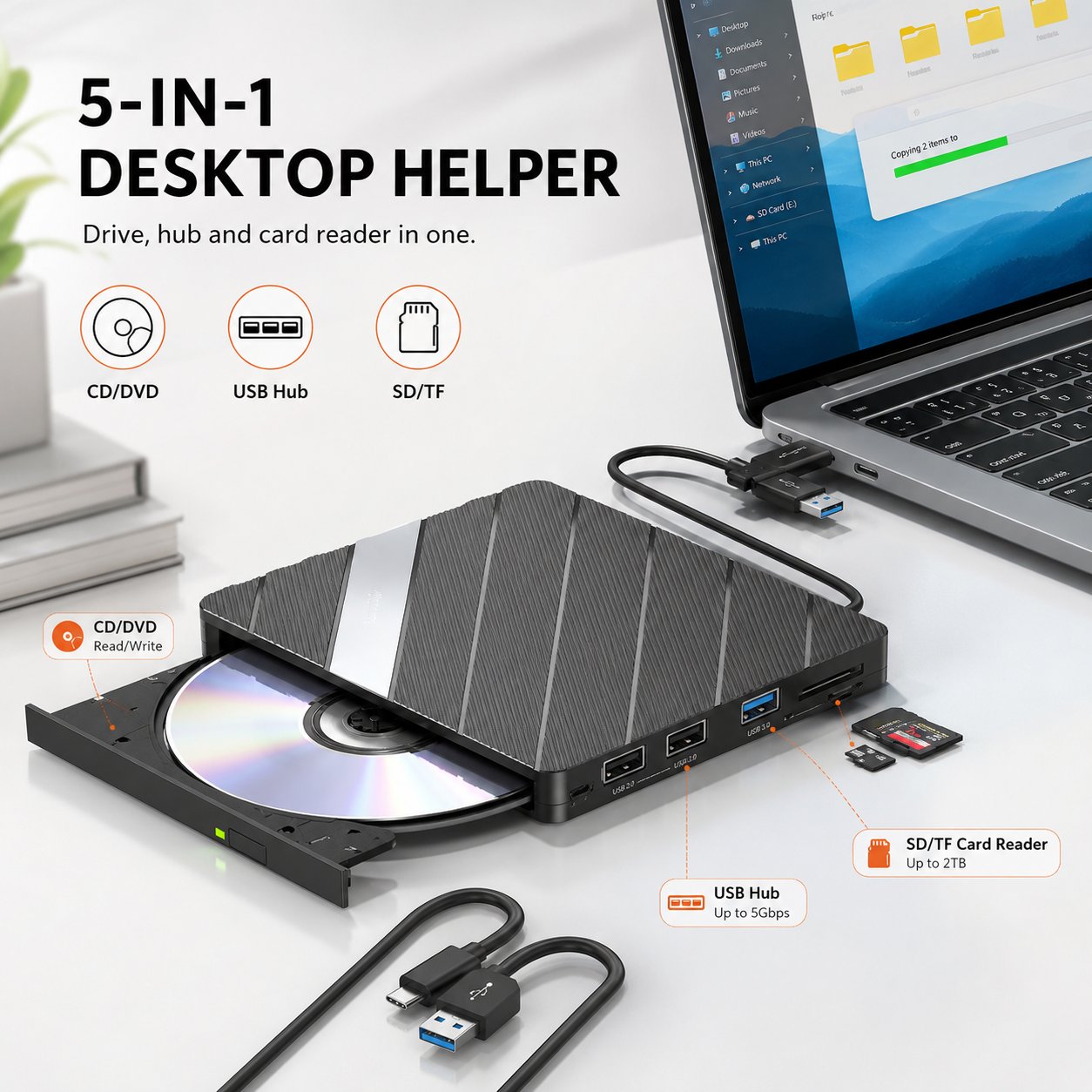 💿 Retro 5‑in‑1 External CD/DVD Drive & Hub