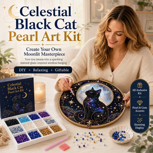 🌙🐈‍⬛ LAST DAY 49% OFF – ✨ Premium 3D Pearl Celestial Black Cat Window Hanging Kit | Luxury Flocked Canvas with Scratch-Resistant Non-Fading Pearl Beads DIY Handmade Moonlight Suncatcher Decor 🔮💎