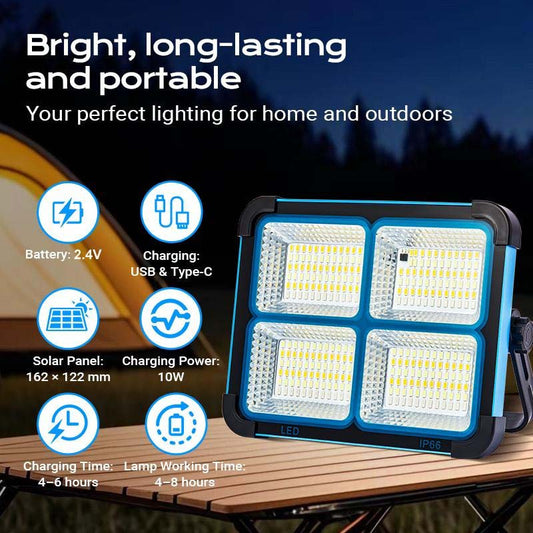 🔦Solar Rechargeable LED Work Light: 288 LED Bright Floodlight, USB-C Charging, 11000mAh, Magnetic Waterproof for Camping Emergency