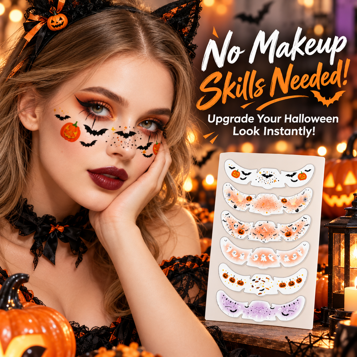🕷️ 6-Pack Halloween Temporary Freckles & Bat Face Decals