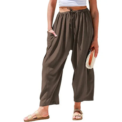 Womens Polyester Wide Leg Pants Casual Loose Fit Beach Palazzo Harem Pants with Pockets Spring Summer Style