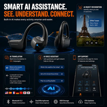 👂8MP Smart Camera Open-Ear Headset – EIS Video, AI Assistance & 12H Battery