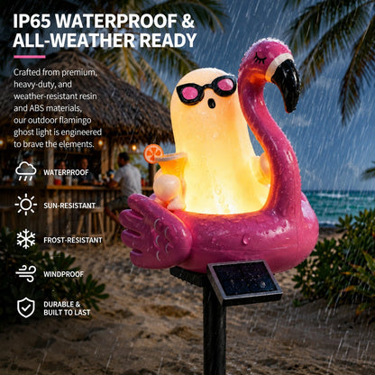 Solar Halloween Ghost Garden Stake Lights — Cute Ghost with Sunglasses in Pink Flamingo Pool Float Outdoor Decor, Waterproof Solar Powered Pathway Landscape Lighting for Yard, Lawn, Patio Gift