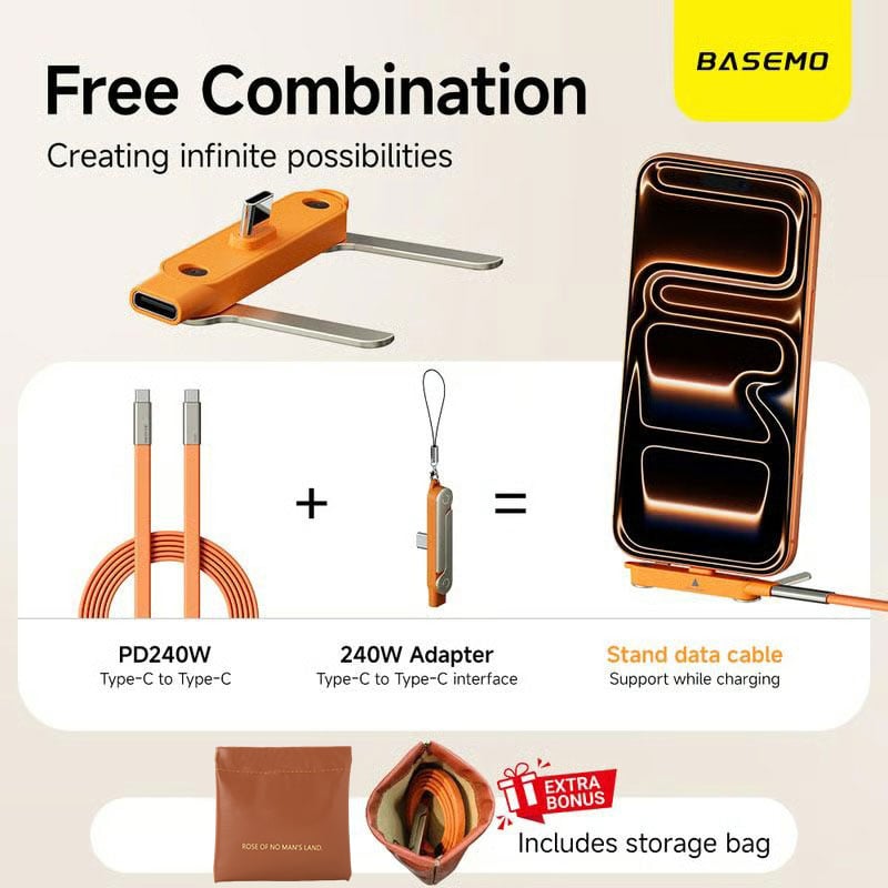 240W Super Fast Charging 360° Rotating Invisible Stand Detachable Two-in-One Charging Cable, Zinc Alloy Silicone Type-C Cable compatible with Apple and Samsung, essential for gaming, office, and car use | Bestselling cutting-edge technology