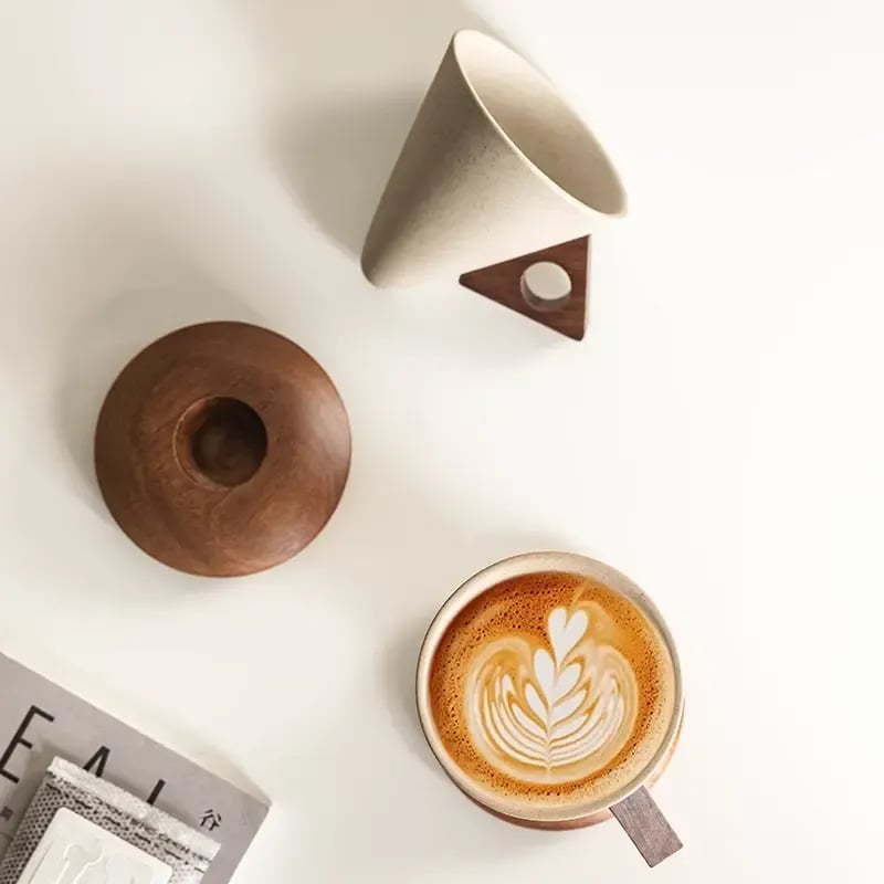 Hot 48% OFF☕✨ Conical Ceramic Coffee Cup with Acacia Wood Base
