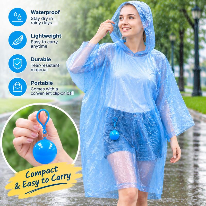 Hooded Disposable Rain Poncho, Waterproof Tear-Resistant Portable Raincoat with Keychain Ball